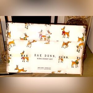NWT Rae Dunn Christmas Holiday Seasonal King Size Sheet Set Reindeer Print